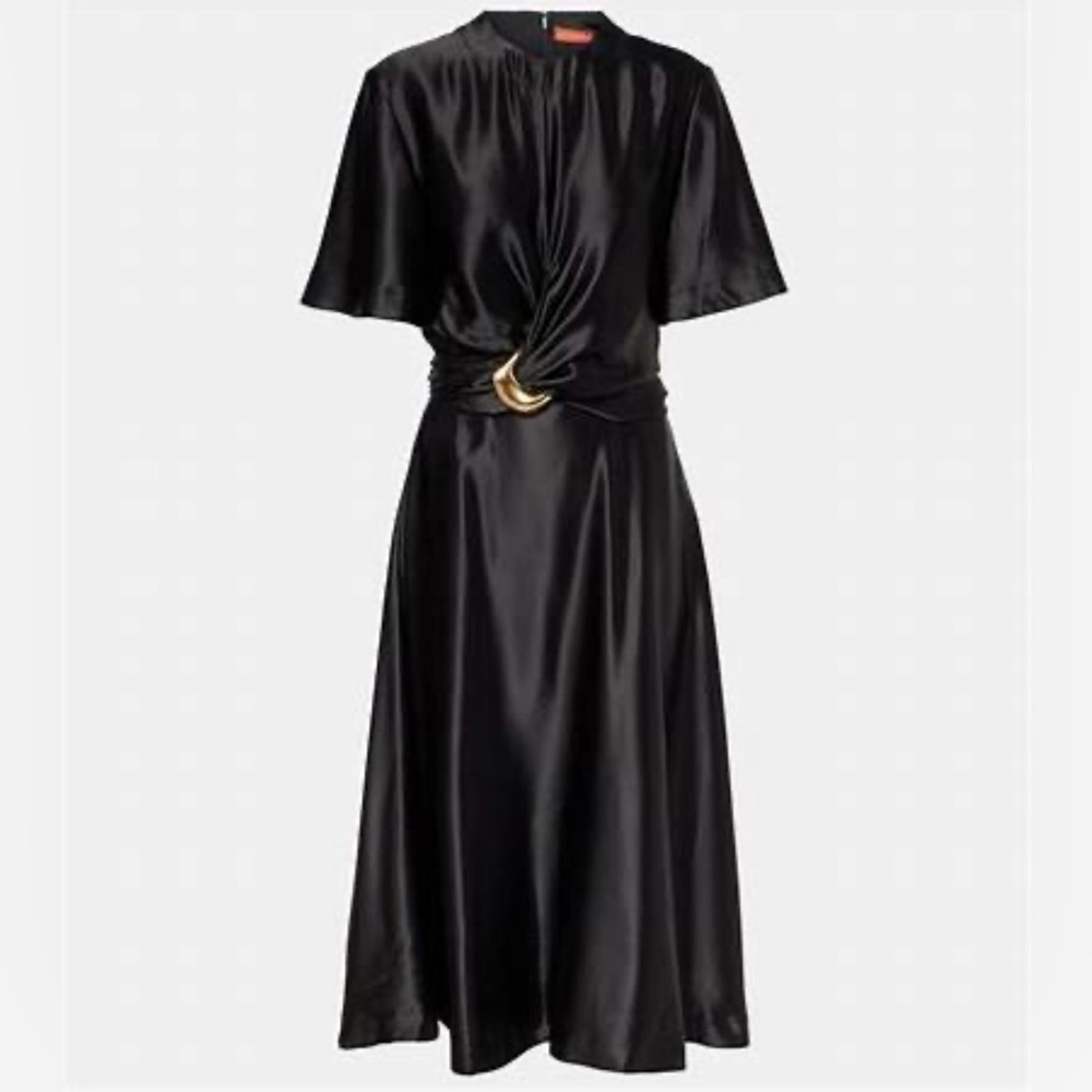 Altuzarra “Honey Dress” Black Silk Midi Dress with Gold Accent. Size 4.  NWT